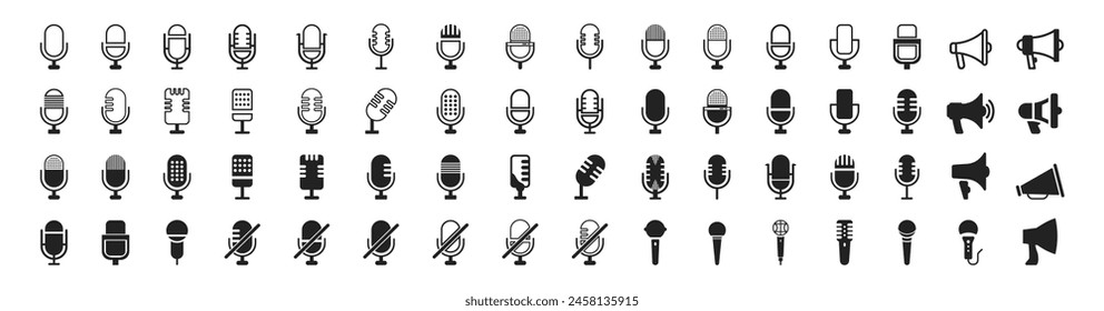 Microphone icon set. Different microphone collection. Podcast mike, journalist microphone, karaoke, conference. 