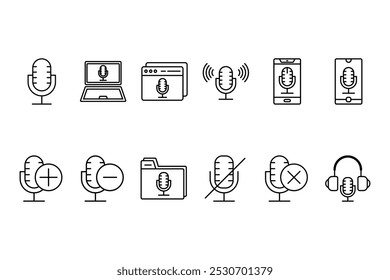 Ícone de microfone definido. Coleção de microfones diferente. Microfone do podcast, microfone do jornalista, karaokê, conferência. ilustração vetorial sobre fundo branco