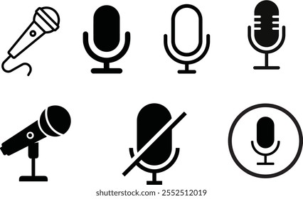 Microphone icon set. Different microphone collection. Podcast mike, journalist microphone, karaoke, conference.
