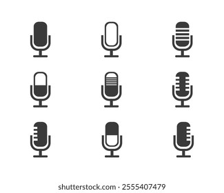 Microphone icon set. Different microphone collection. Podcast microphone, journalist microphone, mic icon, voice icon symbol, record web icon, karaoke, conference.