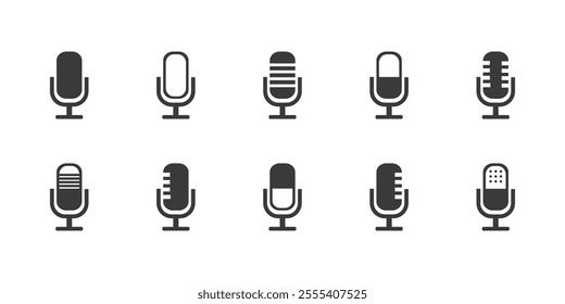 Microphone icon set. Different microphone collection. Podcast microphone, journalist microphone, mic icon, voice icon symbol, record web icon, karaoke, conference.