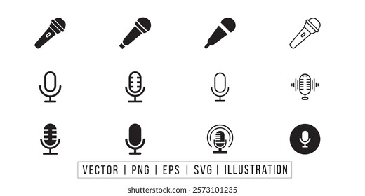 Microphone icon set. Different microphone collection. Podcast mike, journalist microphone, karaoke, conference Podcast black liner icon collection audio illustration sign collection mic symbol.