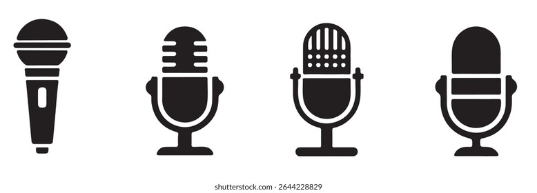 Microphone icon set. Different microphone collection. podcast icon vector. Voice vector icon, Record. Microphone - recording Studio Symbol.  Microphone icons logos template for many purposes.