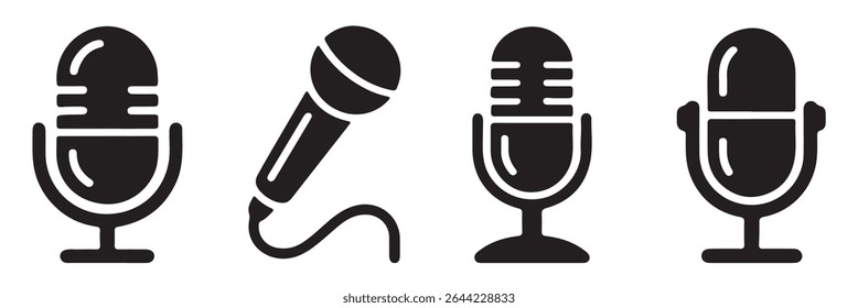Microphone icon set. Different microphone collection. podcast icon vector. Voice vector icon, Record. Microphone - recording Studio Symbol.  Microphone icons logos template for many purposes.