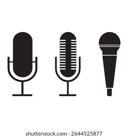Microphone icon set. Different microphone collection. Podcast mike, journalist microphone, karaoke, conference and wireless variety types design. Eps 10