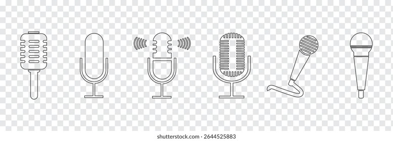 Microphone icon set. Different microphone collection. Podcast mike, journalist microphone, karaoke, conference and wireless variety types design. Eps 10