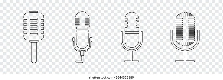 Microphone icon set. Different microphone collection. Podcast mike, journalist microphone, karaoke, conference and wireless variety types design. Eps 10