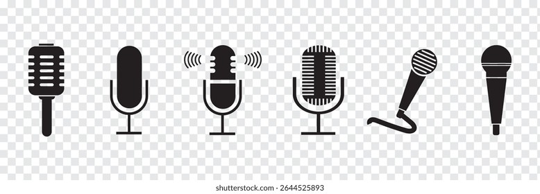 Ícone de microfone definido. Coleção de microfones diferente. Microfone para podcast, microfone para jornalista, karaokê, conferência e design de tipos de variedade sem fio. Eps 10