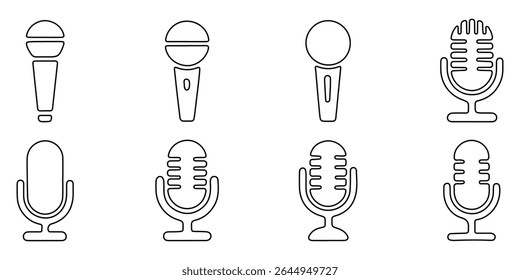 Microphone icon set. Different microphone collection. Podcast mike, journalist microphone, karaoke, conference. Different microphone collection. Studio, Radio Station Music Recording Radio.