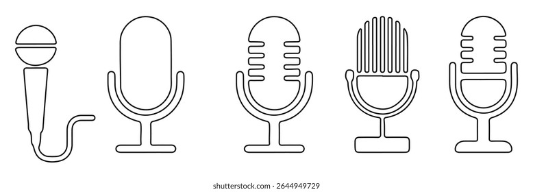 Microphone icon set. Different microphone collection. Podcast mike, journalist microphone, karaoke, conference. Different microphone collection. Studio, Radio Station Music Recording Radio.