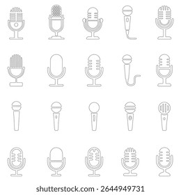 Microphone icon set. Different microphone collection. Podcast mike, journalist microphone, karaoke, conference. Different microphone collection. Studio, Radio Station Music Recording Radio.