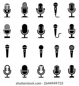 Microphone icon set. Different microphone collection. Podcast mike, journalist microphone, karaoke, conference. Different microphone collection. Studio, Radio Station Music Recording Radio.