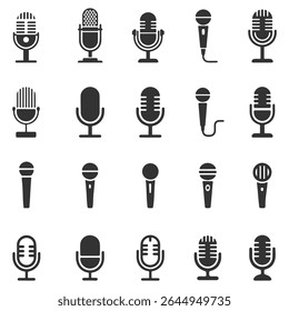 Microphone icon set. Different microphone collection. Podcast mike, journalist microphone, karaoke, conference. Different microphone collection. Studio, Radio Station Music Recording Radio.