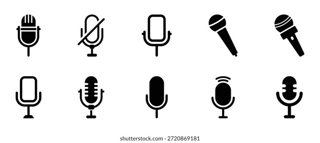 Conjunto de iconos de micrófono. Diferente colección de micrófono. Vector de ícono de podcast. Icono de Vector de voz, Grabar. Símbolo de estudio de grabación de micrófono. Ilustración vectorial. EPS 10