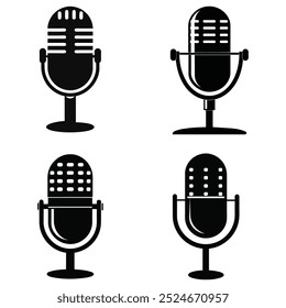 Microphone icon set with different types: podcast, journalist, karaoke, and conference mics for audio-related designs