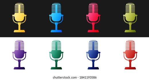 Microphone icon set isolated on black and white background. On air radio mic microphone. Speaker sign. Vector.