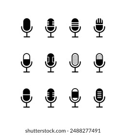 Microphone icon set isolated on white background. Podcast icon, voice recording. Retro microphone vector image.