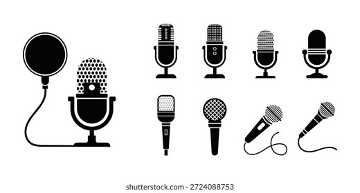 Conjunto de iconos de micrófono aislado sobre fondo blanco. Iconos de karaoke, podcast, música, transmisión y grabación de audio. Ilustración vectorial.