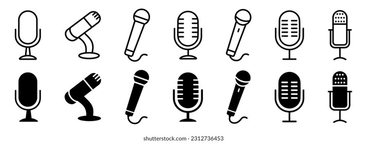 Microphone icon set. Linear, silhouette style.