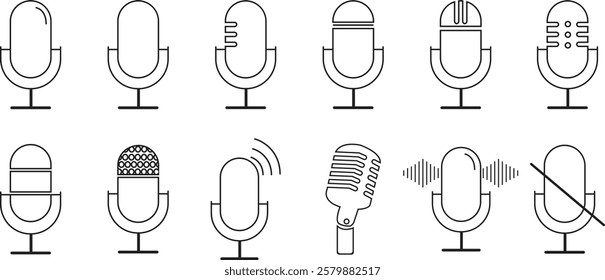 Microphone icon set. Microphone logos template for web and mobile app. Media and Web icons in line style. Microphone icon symbolizing broadcast and audio recording on a transparent background.