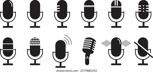 Microphone icon set. Microphone logos template for web and mobile app. Media and Web icons in solid style. Microphone icon symbolizing broadcast and audio recording on a transparent background.