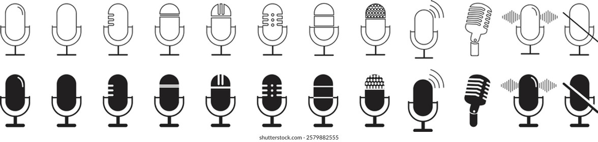 Microphone icon set. Microphone logos template for web and mobile app. Media and Web icons in line and flat style. Microphone icon symbolizing broadcast and audio recording on transparent background.