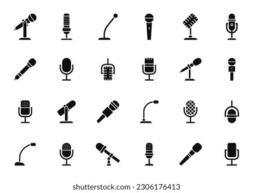 Microphone icon set. Mic icons. Icons podcast, voice recognition and record. Vector Illustration.