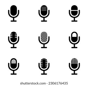 Microphone icon set. Mic icons. Icons podcast, voice recognition and record. Vector Illustration.