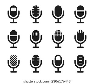 Microphone icon set. Mic icons. Icons podcast, voice recognition and record. Vector Illustration.