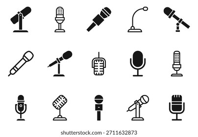 Ícone de microfone definido. Ícones de microfone. Podcast de ícones, reconhecimento de voz e gravação. Ilustração de vetor.