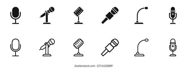 Microphone icon set. Mic icons. Icons podcast, voice recognition and record. Vector Illustration.