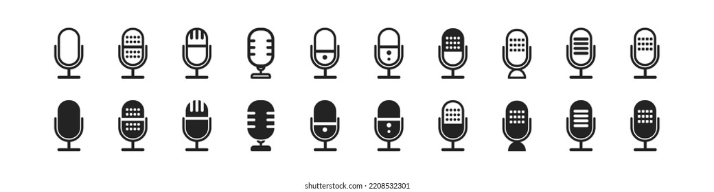 microphone icon set on white background, podcast symbol, different microphones collection, sound sign, speak icon, modern design, vector illustration