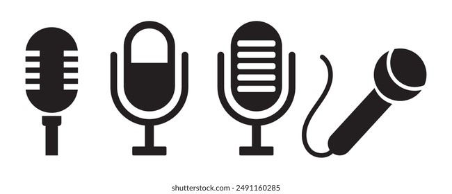 microphone icon set on white background, podcast symbol, different microphones collection, sound sign, speak icon, modern design, vector illustration