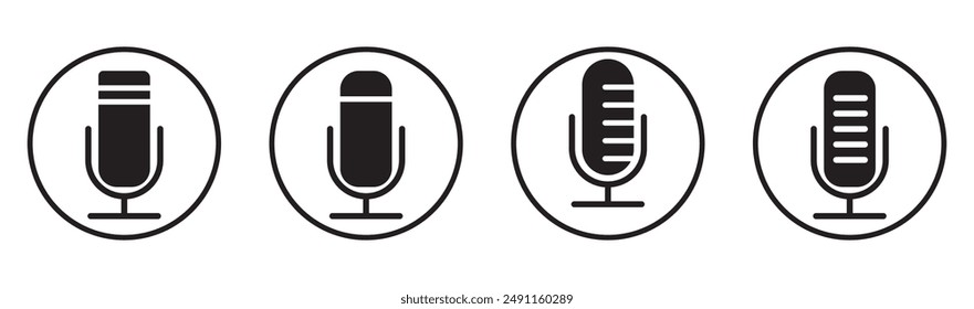 microphone icon set on white background, podcast symbol, different microphones collection, sound sign, speak icon, modern design, vector illustration