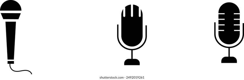 microphone icon set on white background, podcast symbol, different microphones collection, sound sign, speak icon, modern design, vector illustration