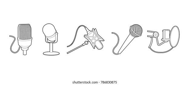 Microphone icon set. Outline set of microphone vector icons for web design isolated on white background