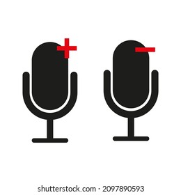 Juego de iconos de micrófono. signo más y menos. Elemento Record. Símbolo de sonido. Equipo de audio. Ilustración vectorial. Imagen de archivo. 