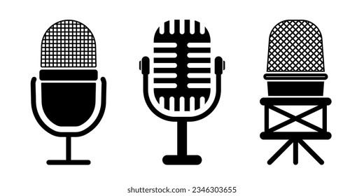 Microphone icon set. Podcast, radio speaker symbol. Old audio mic design. Voice or sound record logo. Vector illustration.