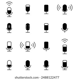 Microphone icon set. Podcast radio icon. Studio microphone broadcast collection. Filled Voice icons. Can be handfree, headphone and other business for used. Vector illustration concept.