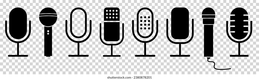 Juego de iconos de micrófono. Micrófono de podcast. Ilustración del vector aislada en fondo transparente