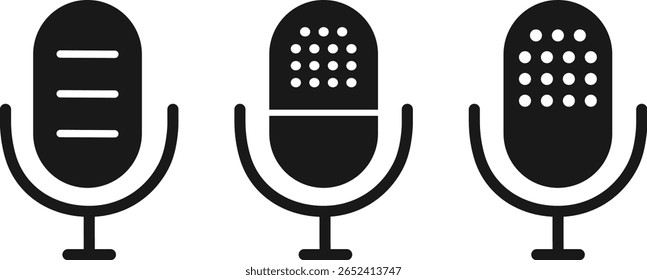 Mikrofon-Symbolsatz. Aufnahme der Unterhaltung. Aufnahme von Audio, Podcast Audio und Musik, Mikrofon-Icons Vektor,
