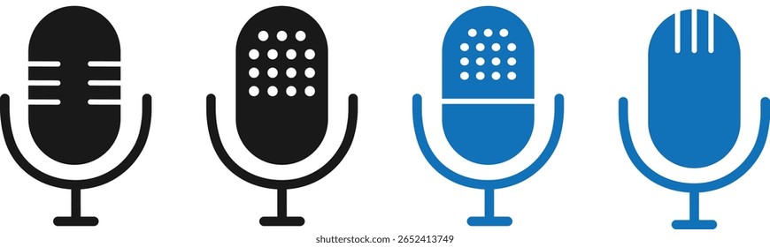 Mikrofon-Symbolsatz. Aufnahme der Unterhaltung. Aufnahme von Audio, Podcast Audio und Musik, Mikrofon-Icons Vektor,
