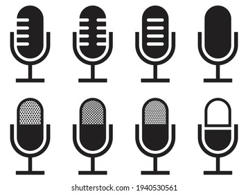 Mikrofon-Symbol-Set, Retro-Mikrofon einzeln auf weißem Hintergrund, Aufnahme, Podcast-Geschäftskonzept, Vektorgrafik