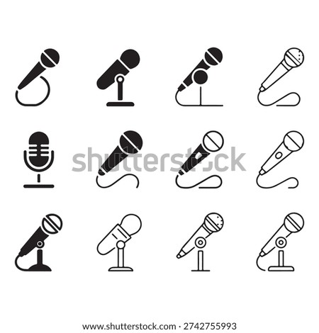 Microphone Icon Set Silhouette and Outline Style Audio Mic Vector Collection Isolated on White