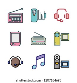 microphone icon set. vector set about camcorder, music, support and radio icons set.