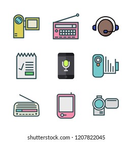 microphone icon set. vector set about support, voice recognition, camcorder and report id icons set.