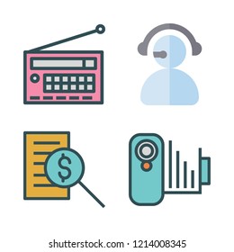 microphone icon set. vector set about camcorder, radio, telemarketer and report id icons set.