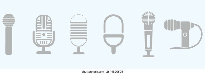 Microphone Icon Set – Vector Collection of Studio, Podcast, Dynamic, and Recording Microphones in Solid Silhouette Style. Voice vector symbols, EPS-10