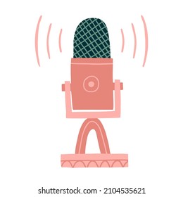 Microphone icon. sound recording equipment for podcast. Karaoke and voice button. Isolated vector illustration in flat style