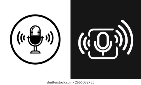 Microphone icon with sound waves in black and white, vector illustration representing audio recording, voice, and podcasting.